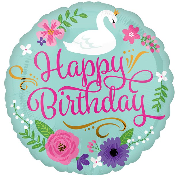 18" Floral Swan Happy Birthday Foil Balloon (HELIUM FILLED)