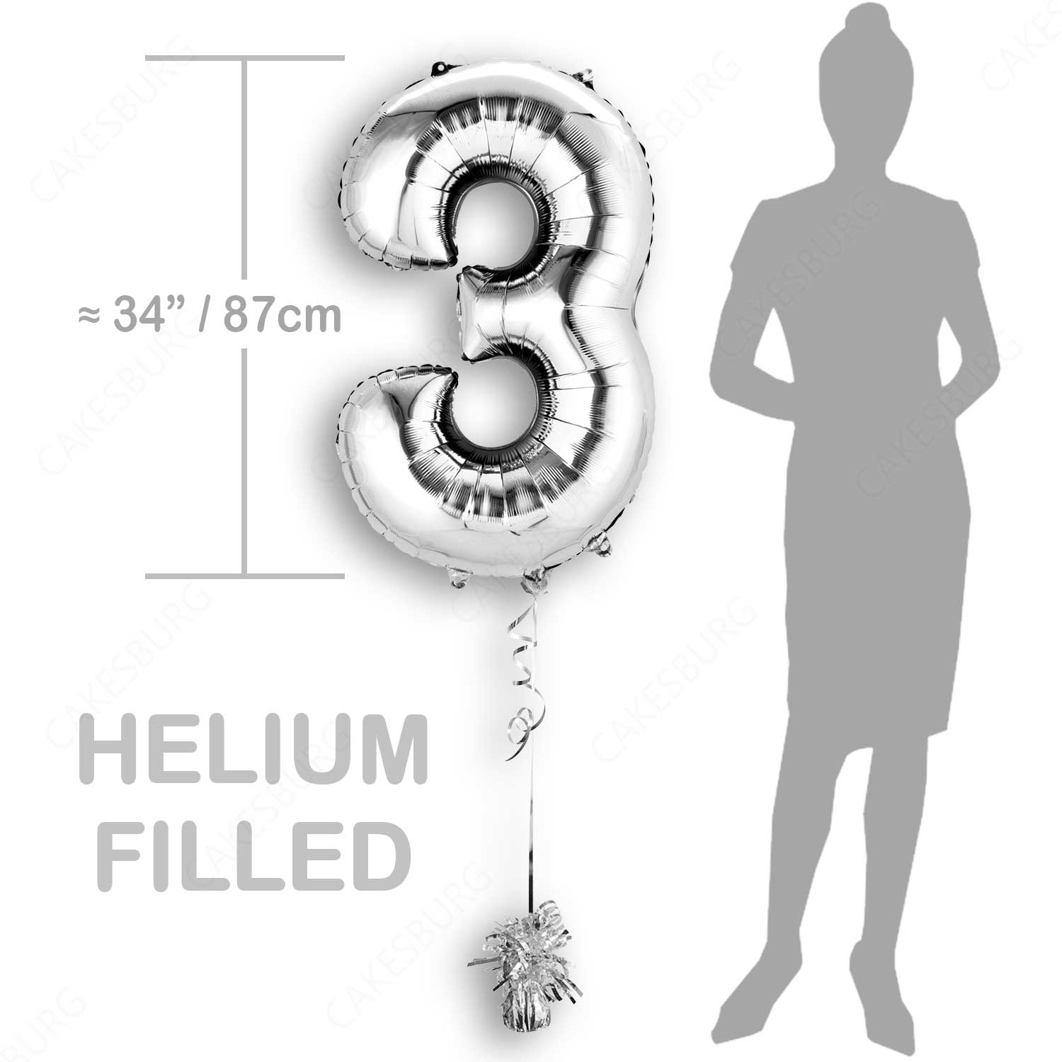 34" Silver - Number 3 - Foil Balloon (HELIUM FILLED)