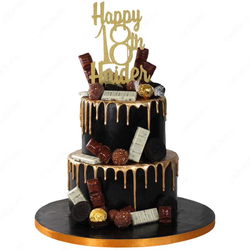 Luxury Golden/Black Drip Cake with Personalised Glitter Cardstock Topper