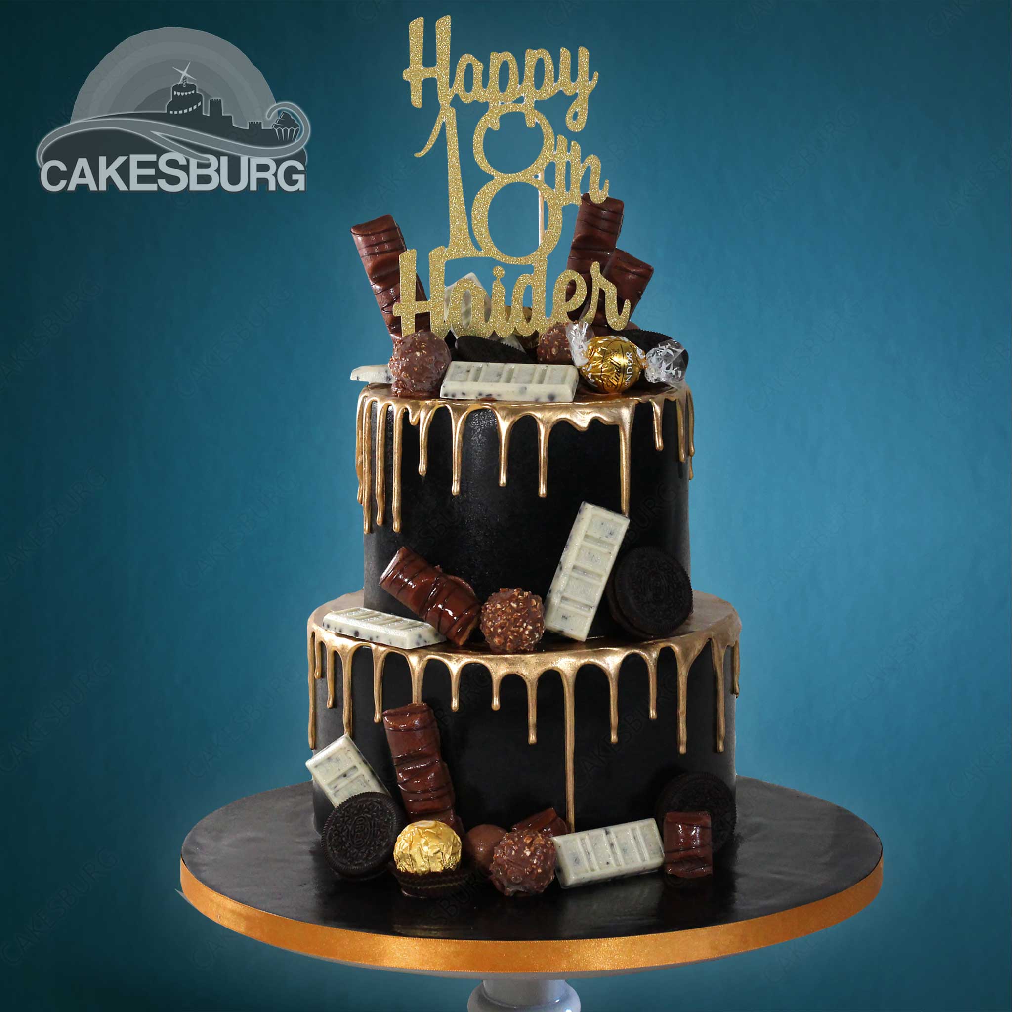 Luxury Golden/Black Drip Cake with Personalised Glitter Cardstock Topper