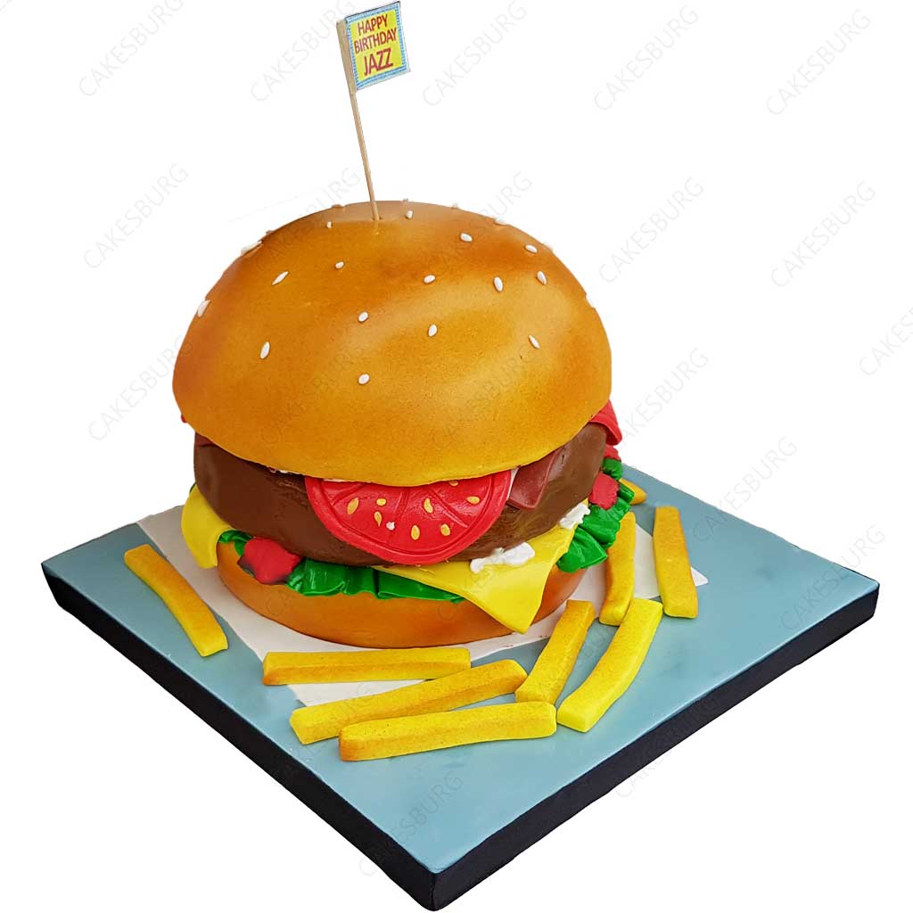 Burger Cake, Madeira and chocolate sponge layered cake, filled with  frosting covered with soft icing and edible sugar decorations, cake in the  shape b Stock Photo - Alamy
