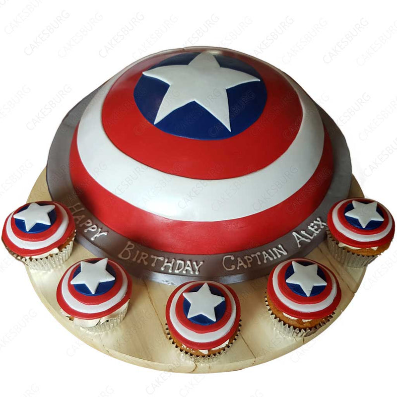 Captain America Shield Cake with 12 Cupcakes