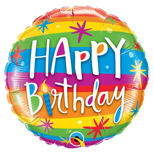 18" 'Happy Birthday' Rainbow Stripes Balloon - (HELIUM FILLED)