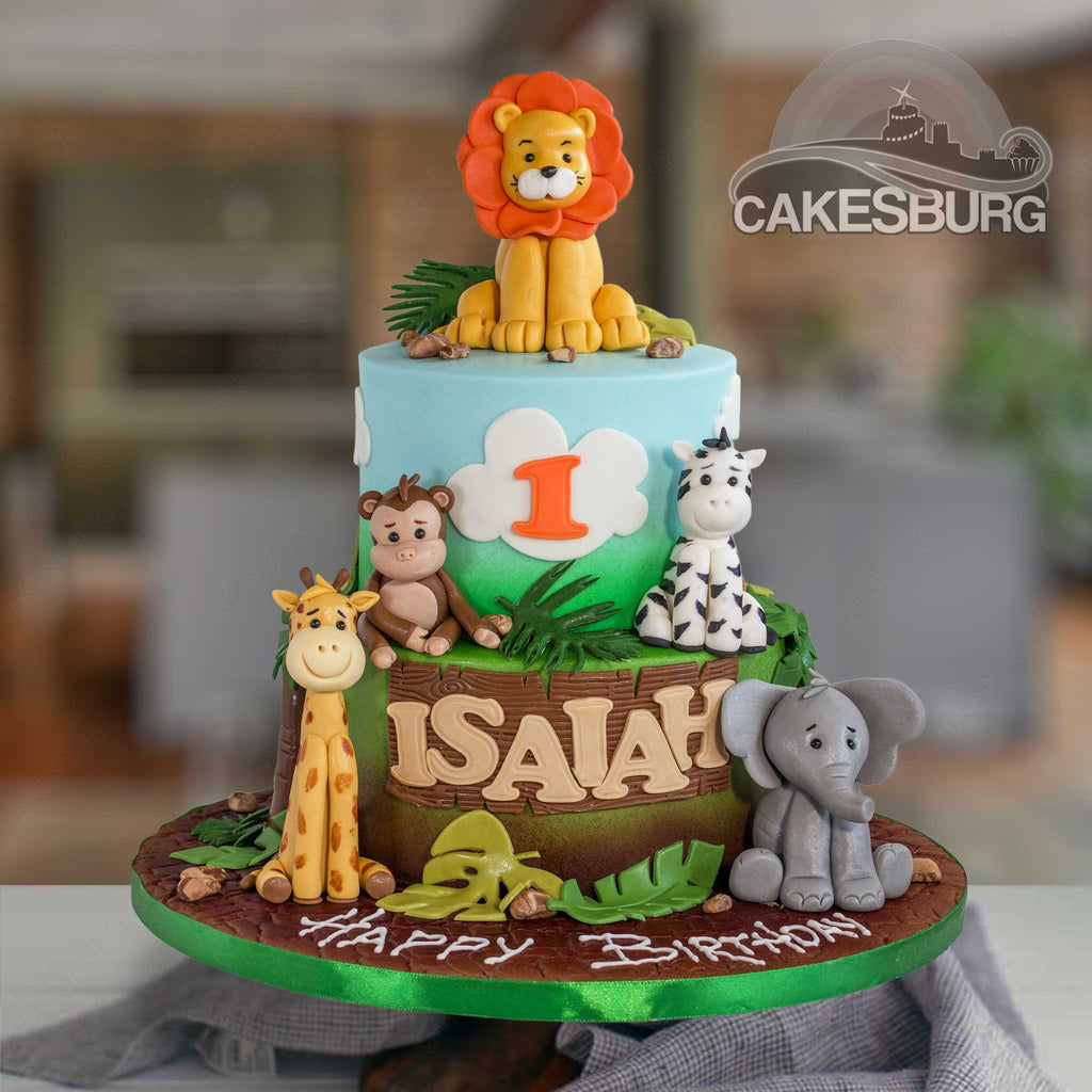Jungle cake with Gold Animals- Green Texture Shades-leaves & Topper “Name  is ONES” – Pao's cakes