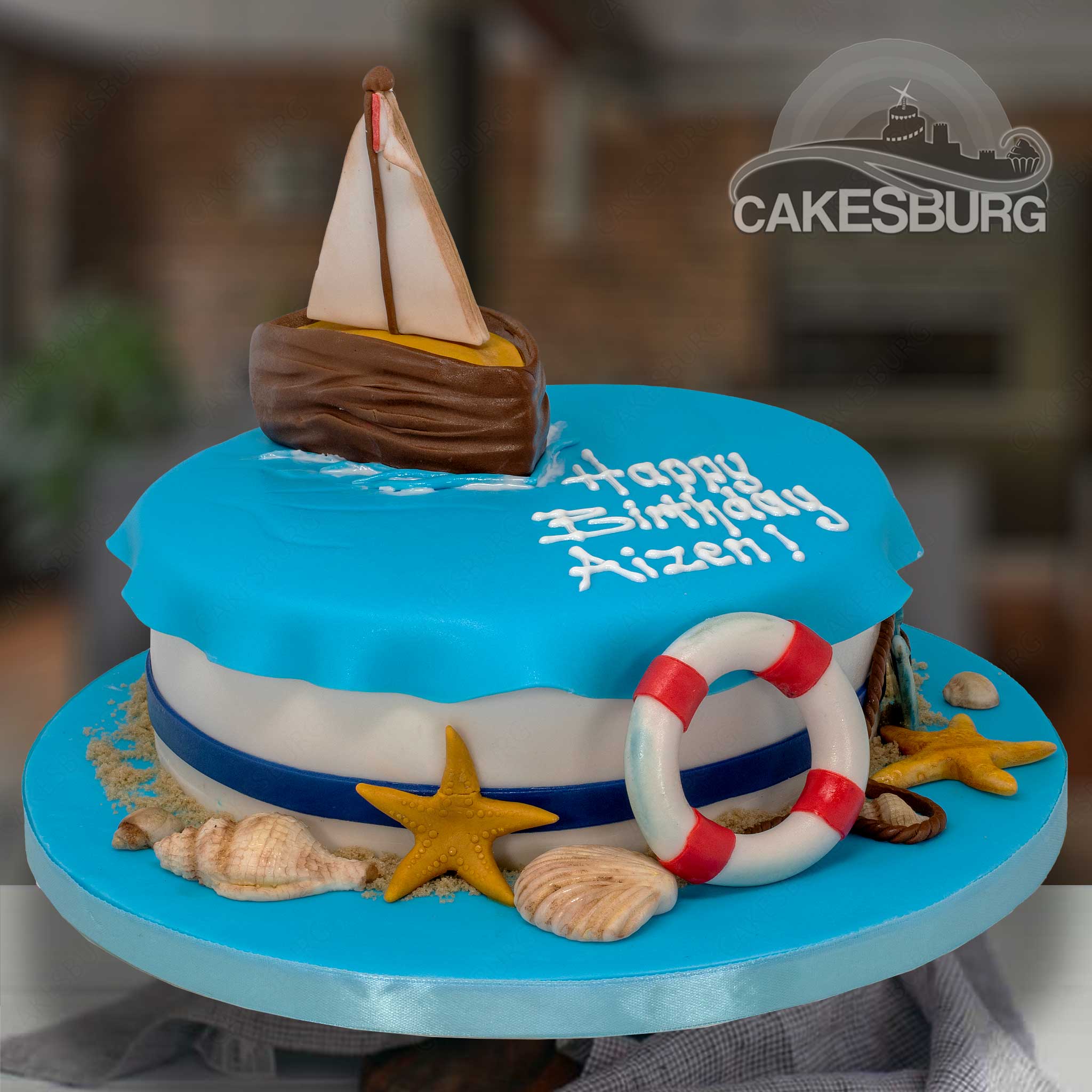 Birthday Cake with Blue Anchor, Life Belt and Sailing Boat Stock Image -  Image of boat, horizontal: 177712519