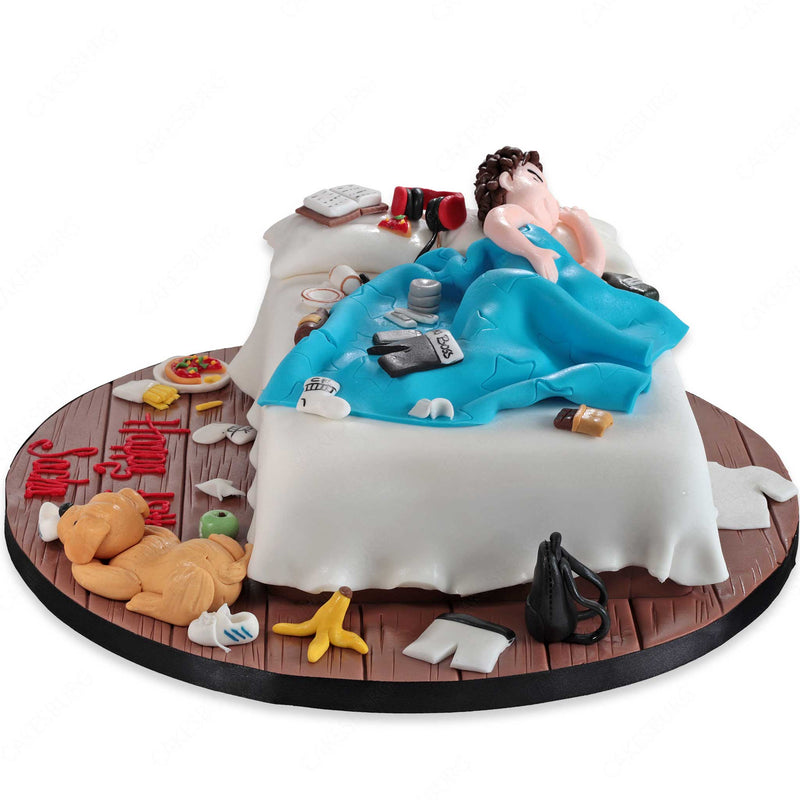 Buy Guy Sleeping on Bed Theme Cake Online in Delhi NCR : Fondant Cake Studio