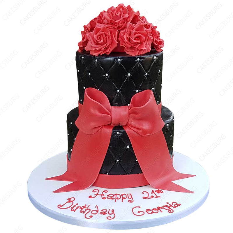 Elegant Black and Red Ribbon Cake