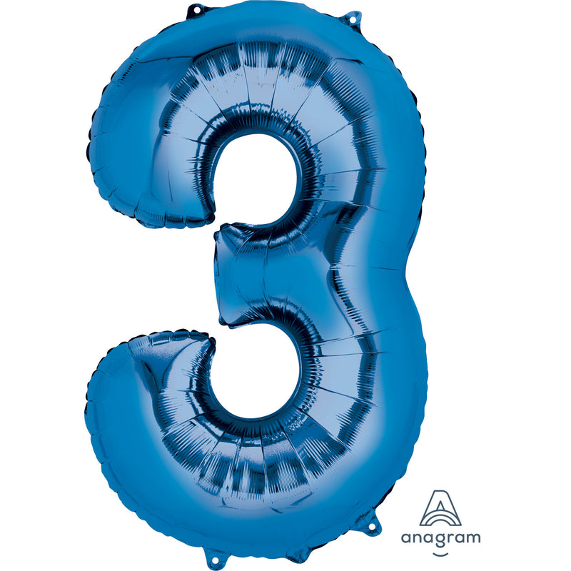 34" Blue - Number 3 - Foil Balloon (HELIUM FILLED)