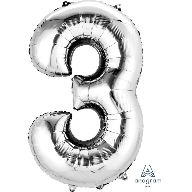 34" Silver - Number 3 - Foil Balloon (HELIUM FILLED)