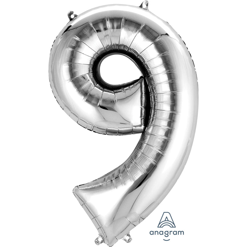 34" Silver - Number 9 - Foil Balloon (HELIUM FILLED)